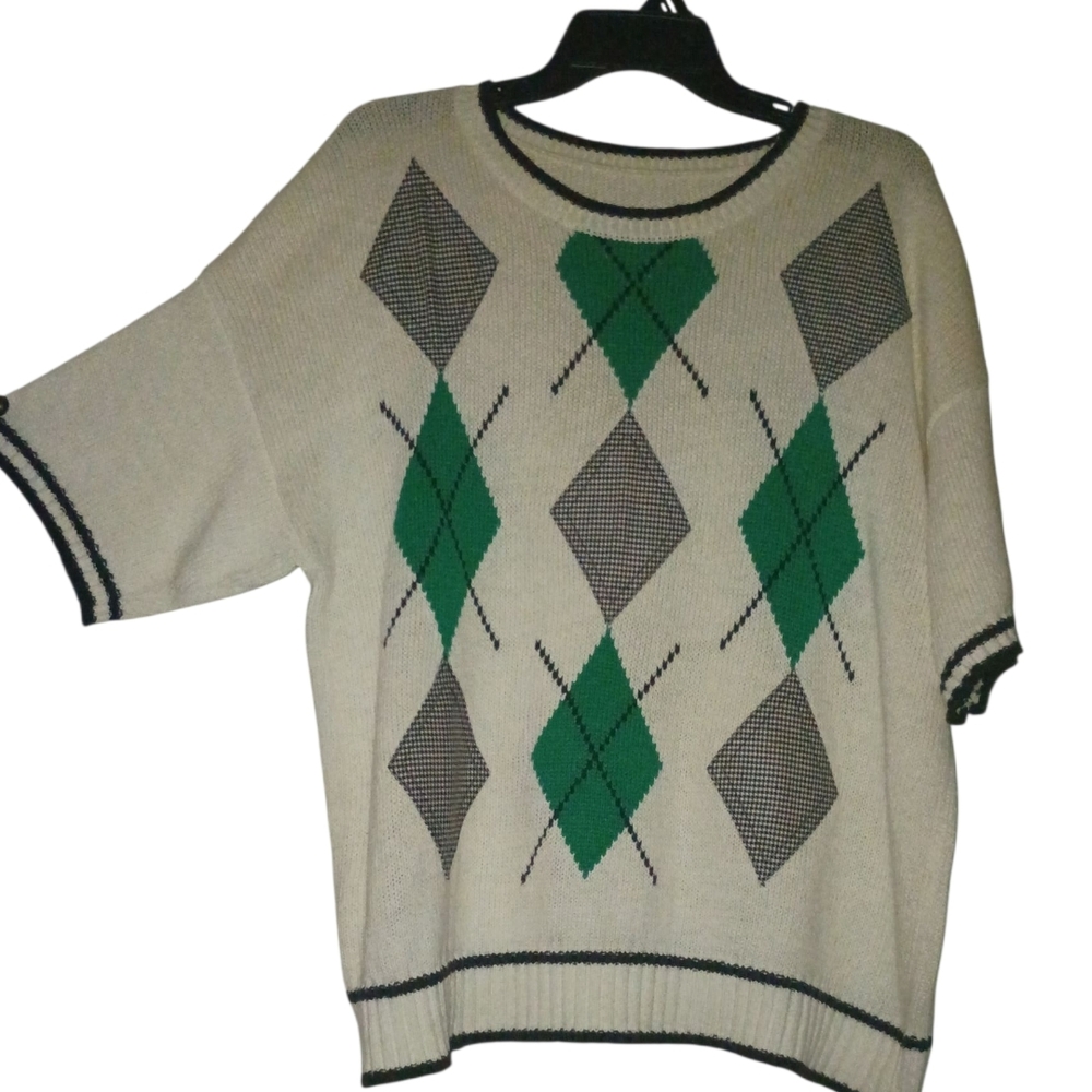 🦄Argyle Pattern Short Sleeve Sweater in Cream and Green Size XL